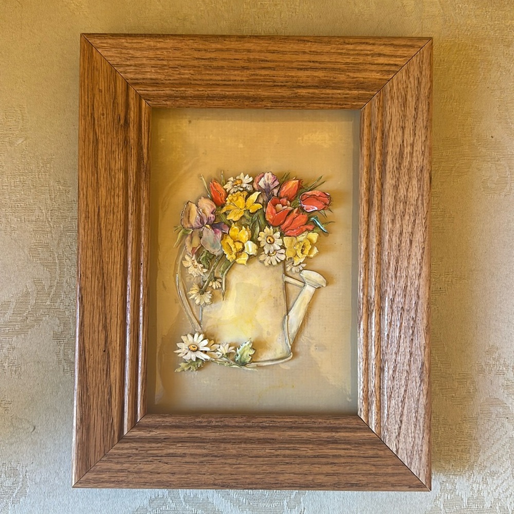 1960s oak framed 3-dimensional watering can with flowers, resin coated